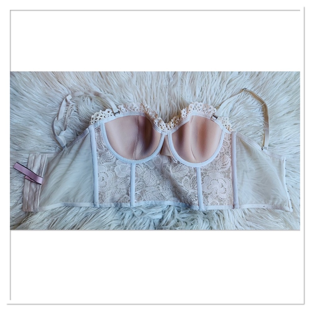 Victoria’s Secret Dream Angels Longline Corset Bra Floral Lace Ivory Size 34C - Picture 6 of 11